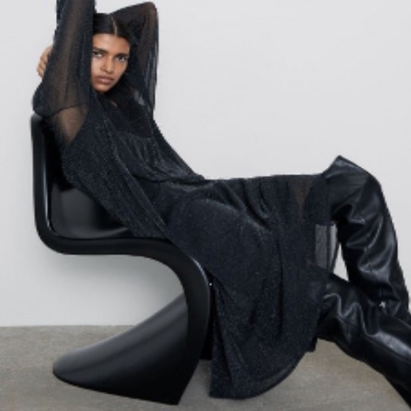 ZARA BLACK SILVER METALLIC SMOCKED DRESS SIZE L - Picture 1 of 8